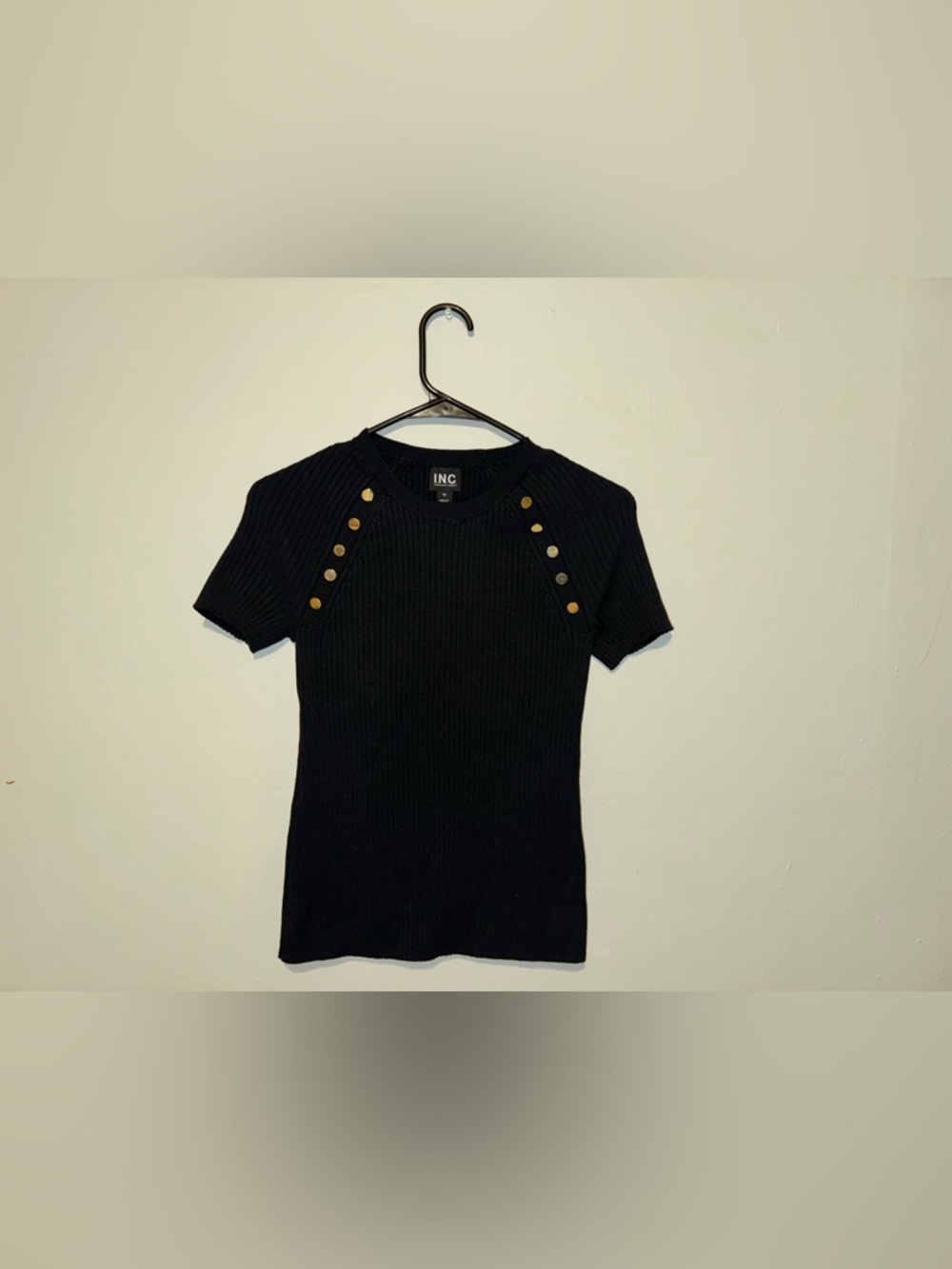 INC International Concepts Black Ribbed Short Sleeve Top with Gold Buttons